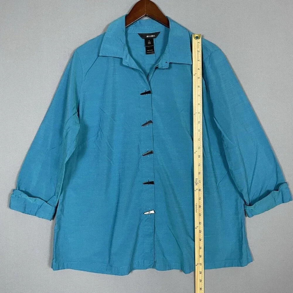 Ali Miles Button Up Shirt Tunic Top Womens Size Large L 3/4 Sleeve Blue Artsy - Picture 12 of 16